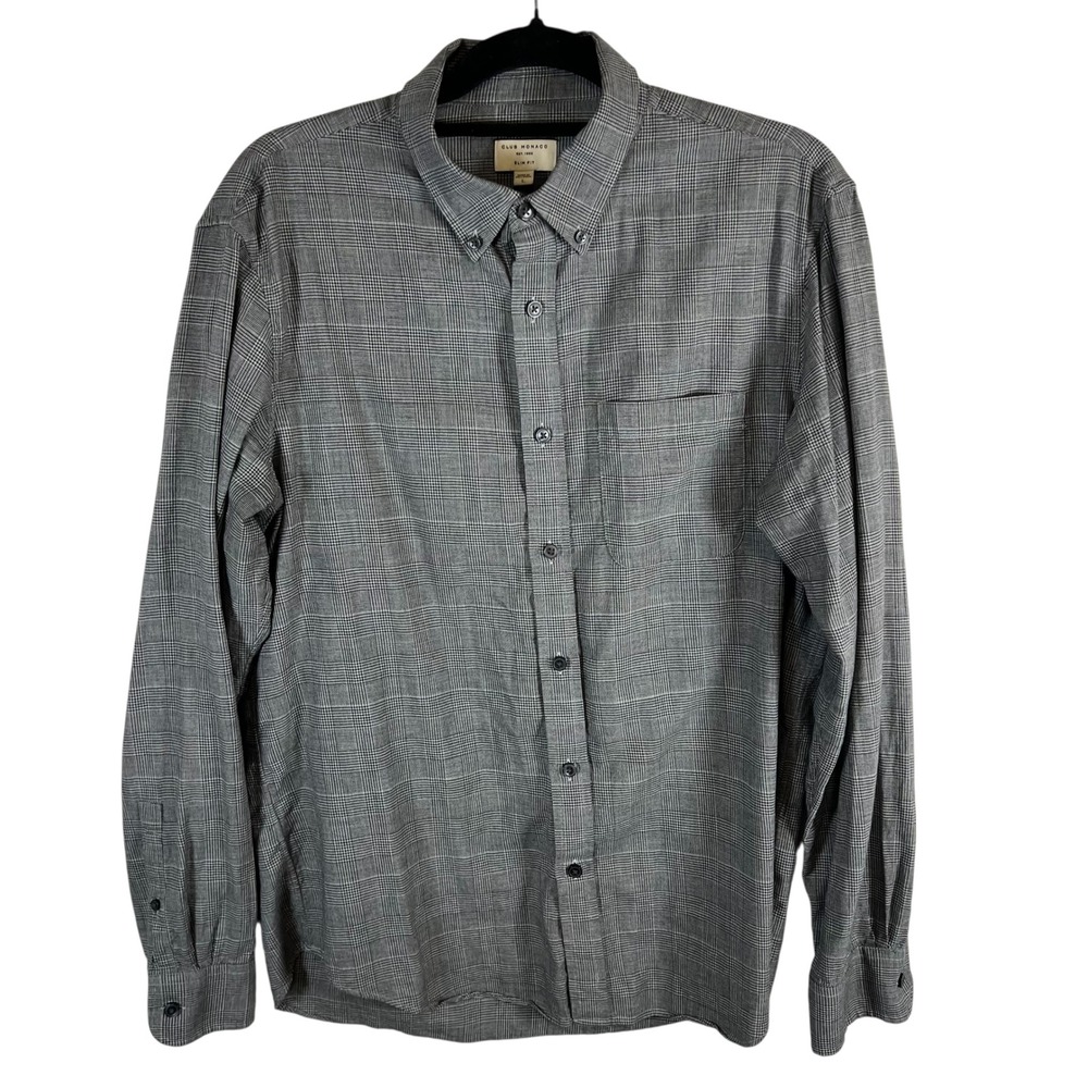 Club Monaco Mens Slim Fit Glen Plaid‎ Button Down Shirt Grey Cotton Large